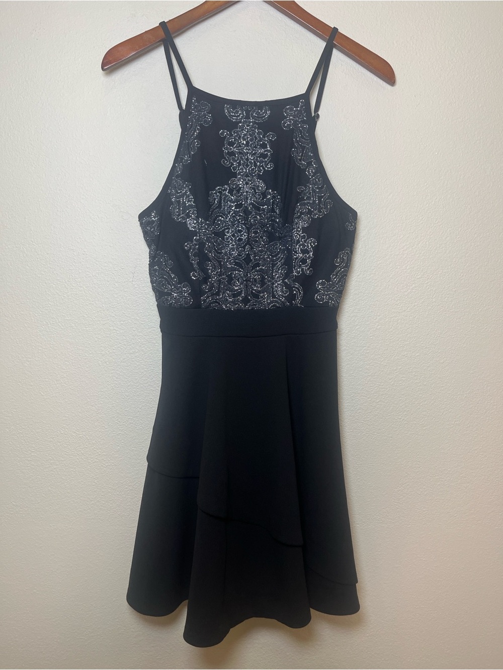Speechless Black Embellished Halter Dress with Silver Accents